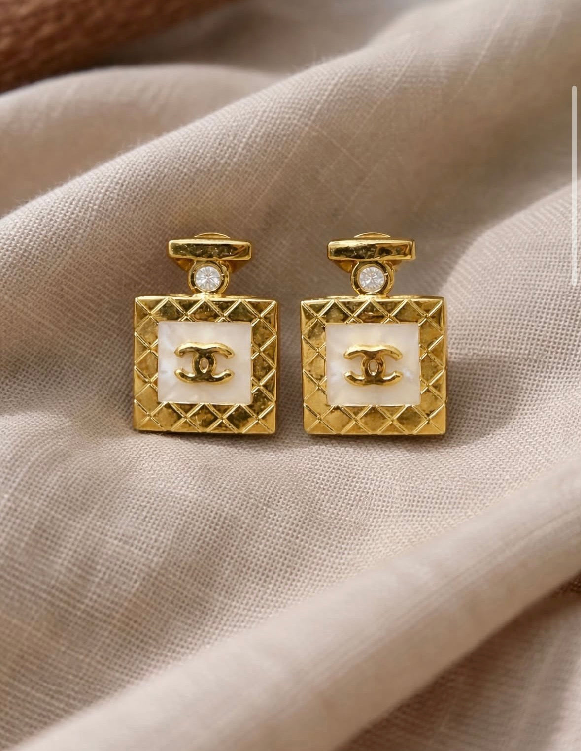 Gold-Plated Square Drop Earrings with White Enamel & Crystal Accent